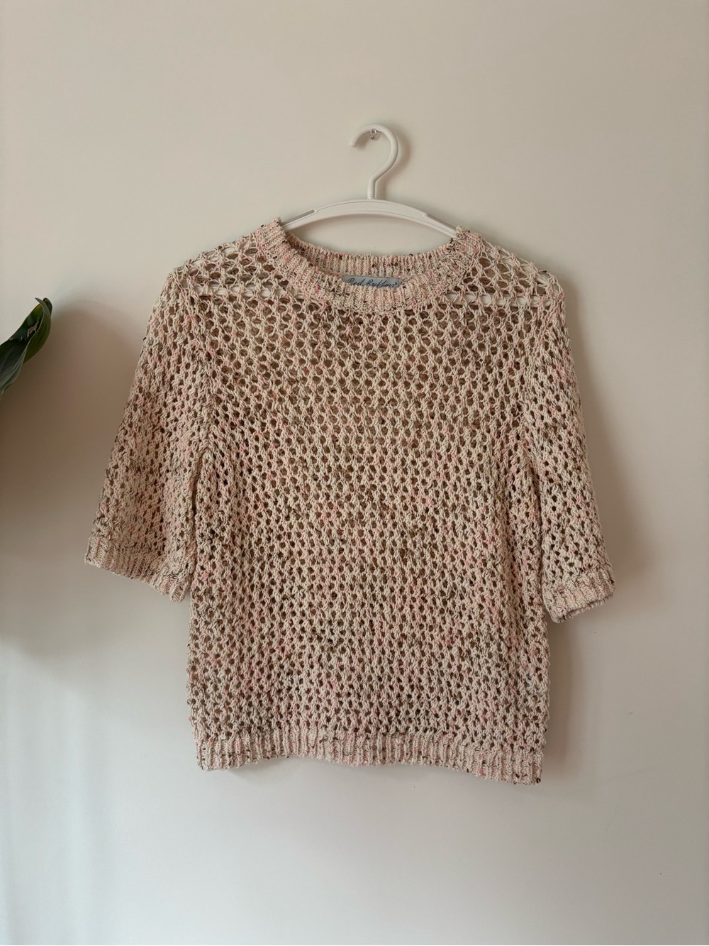 Open-Knit Light Pink Short Sleeve Scoop Sweater
